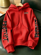 Limited-Time Special Offer: Single-pc Unisex Black Knitted Hooded Sweatshirt with Anime Boy Portrait Graffiti and English Print, Trendy Cool Anime-Style Loose Drop-Shoulder Hoodie for Spring/Autumn, Casual Wear for Outings and Gatherings - Red