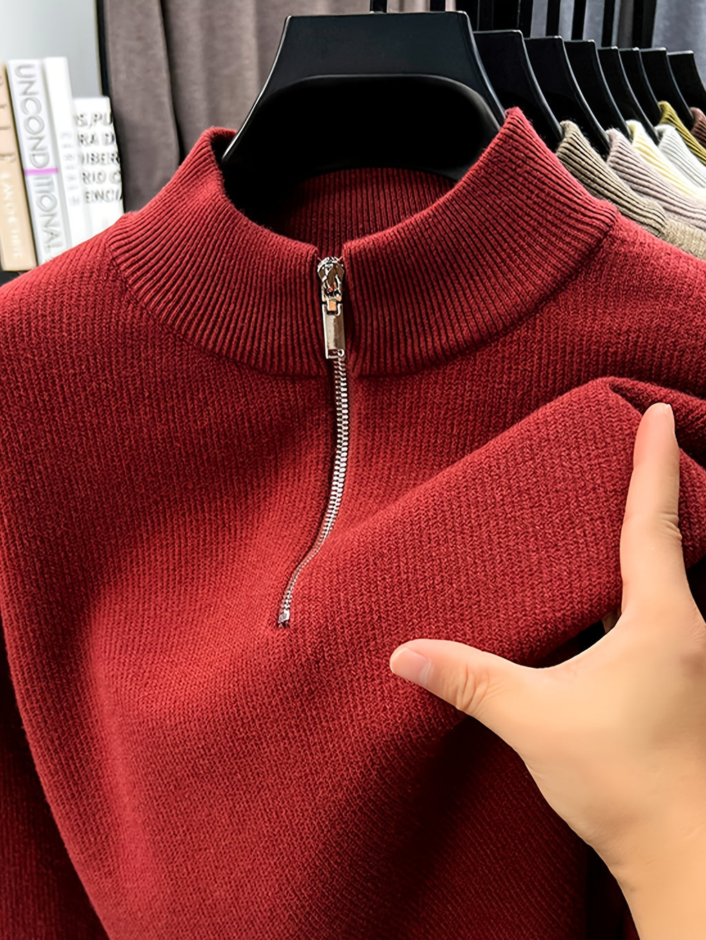 Men'S Half-Zip Stand Collar Knit Sweater, Non-Tight Loose Fit, Suitable for Most Men, Versatile Base Layer - SINBOS - Raffia Red