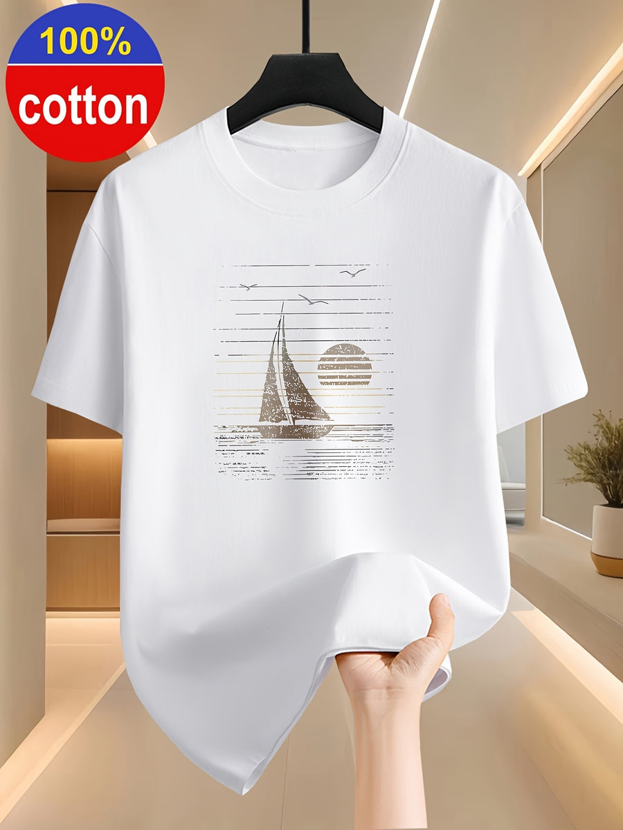 100% Cotton Men's Summer Short-sleeve T-shirt, Fashionable and Simple Patterned Top, Pure Cotton Fabric for Comfort and Breathability, Essential for Outdoor Sports, Leisure, and Travel - White