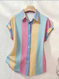 Summer Elegant Women'S Striped Short Sleeve Shirt, Casual Commuter Style Vacation Blouse - Mixed colors