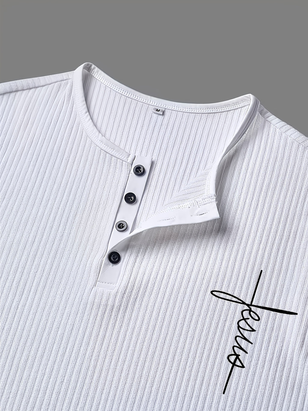 Men's Fashion Top, Spring/Summer Casual Textured Ribbed Fabric, Crew Neck Single-Breasted Button Letter Print Short Sleeve Henley Shirt - White