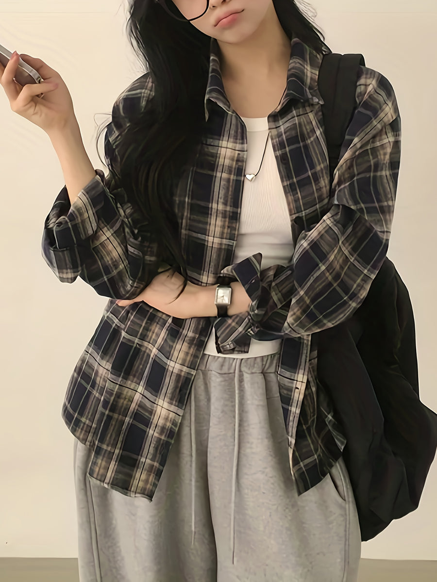 Women'S Shirt Multicolor Brushed Plaid Shirt Loose Top - Navy Color