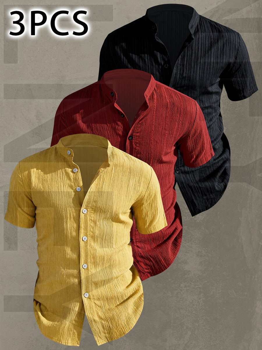 [Uomo Le Mi OBM] 3pcs Men'S Summer Short Sleeve Shirts | Lightweight Breathable Solid Color Button-Up Casual Shirts with Stand Collar, Machine Washable for Beach Vacation, Pool Party & Casual Attire, High Quality, Dad Christmas Gifts, Slim Fit, Daily - Mixed Color 15