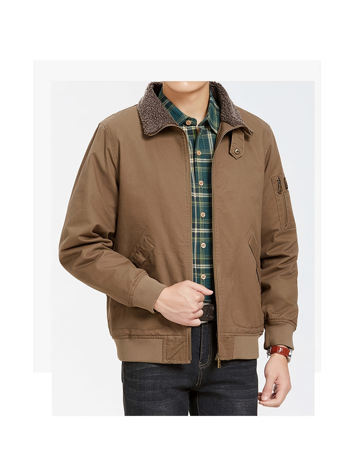 Men'S Lamb Workwear Jacket Spring Autumn Winter New Multi-Pocket Outdoor Casual Coat - Dark Khaki