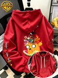 Warner Bros. Men's New Trendy Hoodie with Adventure Time Jake's Head Crowd Cartoon Graphic Print, Casual Hooded Sweatshirt, Daily Drawstring Loose Pullover Top, Machine Washable Versatile Sporty Casual Men's Top - Red