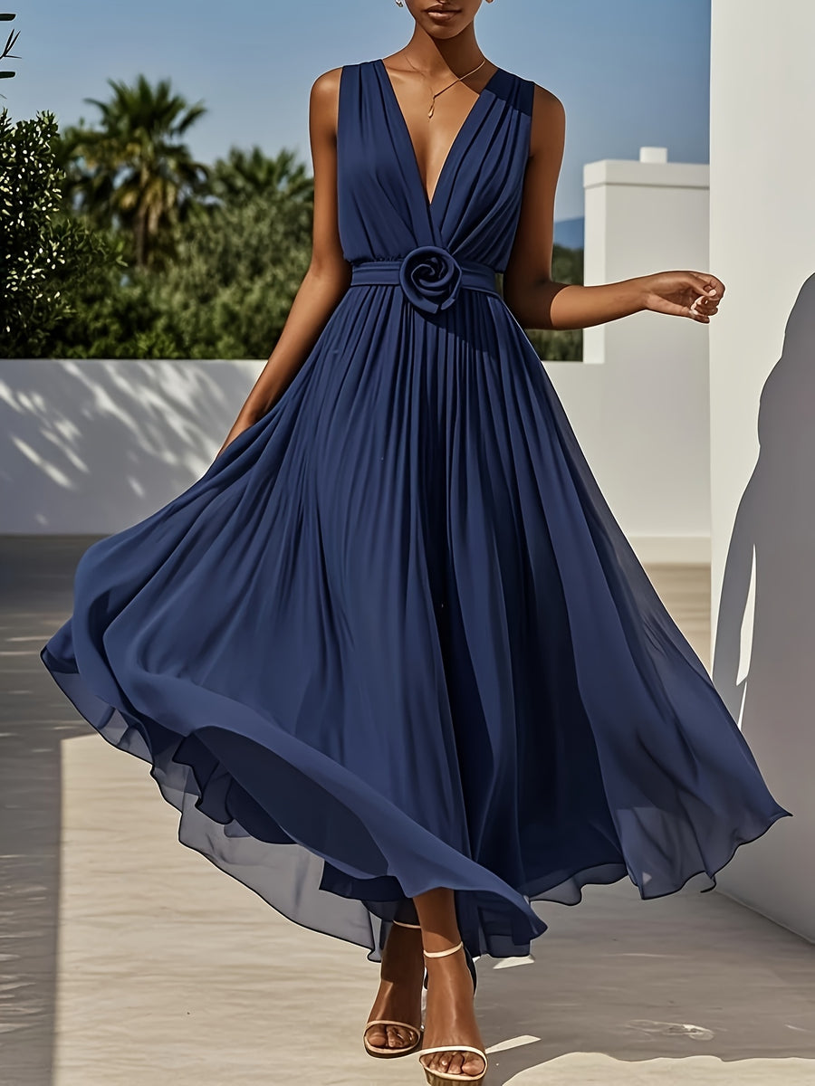 2026 Summer 3D Floral Pleated Waist Ruffled Gauze V-Neck Sleeveless A-Line Flowing Long Dress Suitable for Wedding Evening Gown Banquet Prom Daily Wear Fashionable Premium Connected Mid-Length Bridesmaid Dress [ZLLZ] - Navy Color
