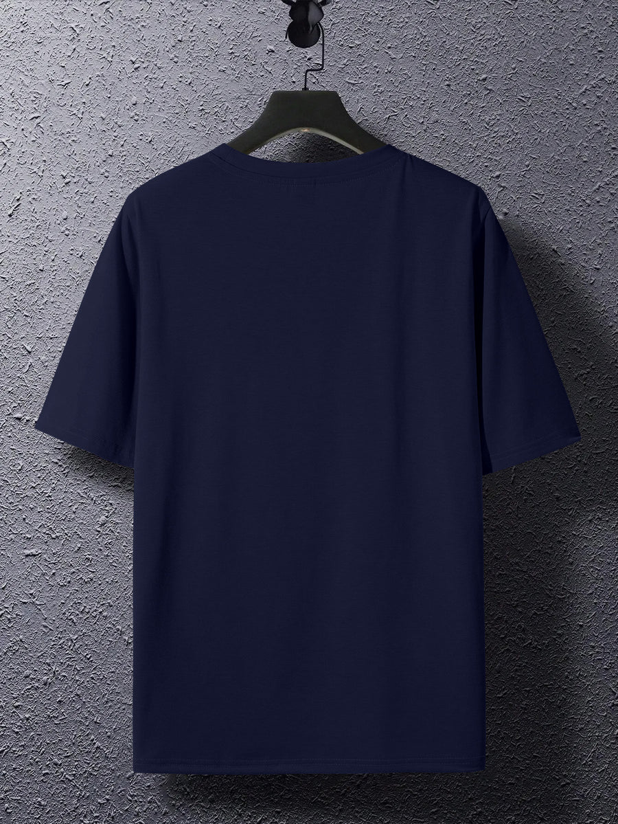 Men's Trendy Short-Sleeve T-Shirt with Minimalist Brown Long Strip Logo Print on the Chest, Crew Neck Top for Daily Wear - Navy Color