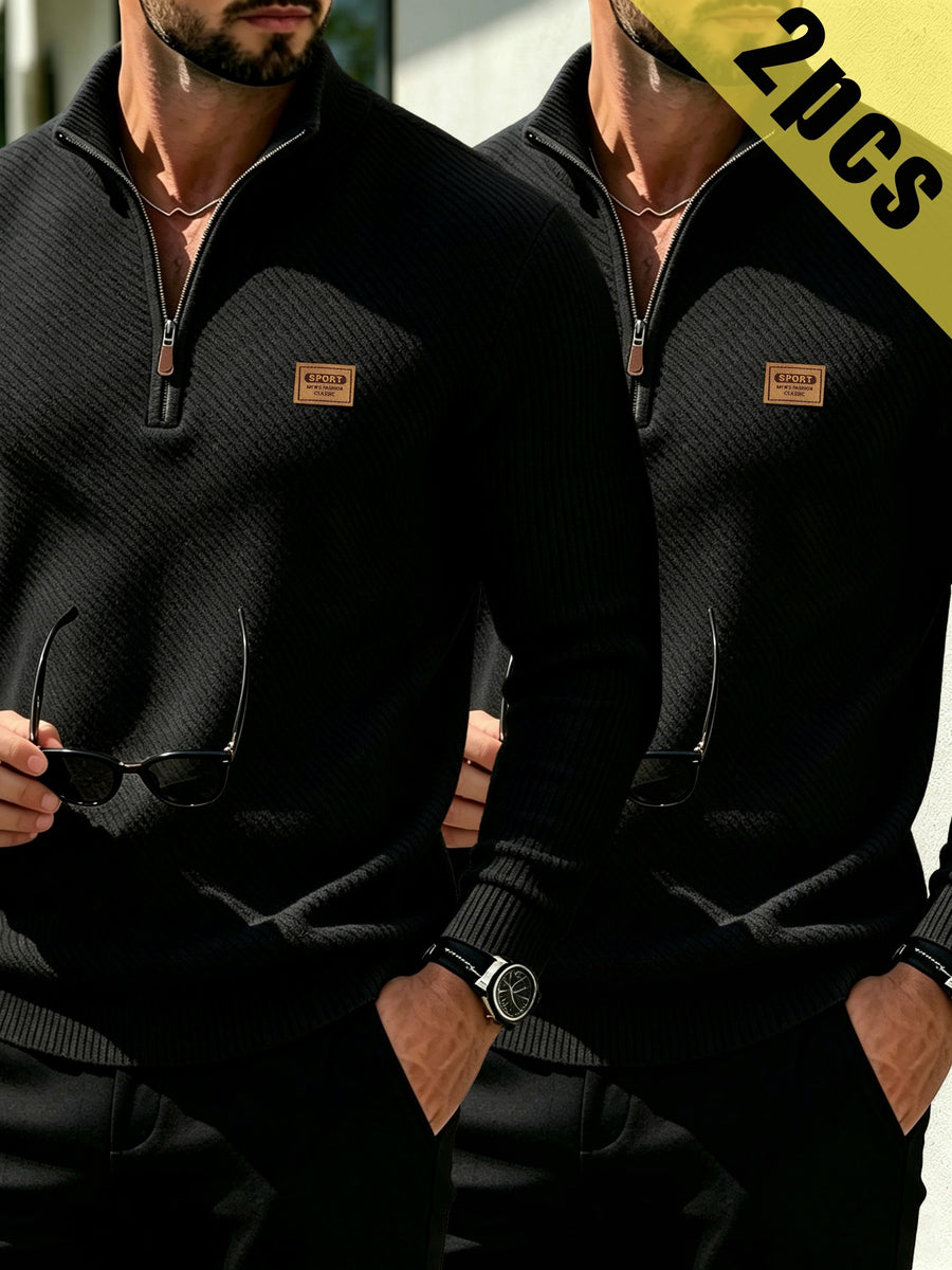 2pcs Men's Fashionable Versatile Top, Twill Texture Half-Zip Stand Collar Long-Sleeve Sweatshirt, Knitted Solid Color Long-Sleeve Casual Top for Daily Leisure, Sports & Fitness, Fashionable and Versatile. Soft, Comfortable, and Stylish Solid Color - Black+black
