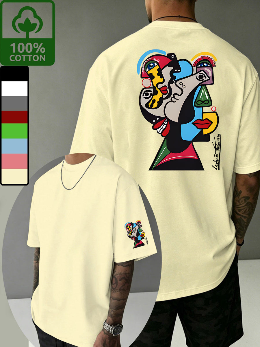 Summer High-Quality Fine Stitching Pure Cotton Casual Three-Dimensional Color-Block Picasso-Style Abstract Face Illustration Short-Sleeve Simple Streetwear Brand Printed Fashion Sporty Trendy Versatile Half-Sleeve Breathable T-Shirt Comfortable Home - Apricot