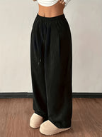 Women'S Retro Corduroy Loose Straight-Leg Trousers, Autumn Winter Street Style Casual Wide-Leg Pants, Casual Wide-Leg Trousers, Adjustable Drawstring Waistband LL256 - Black