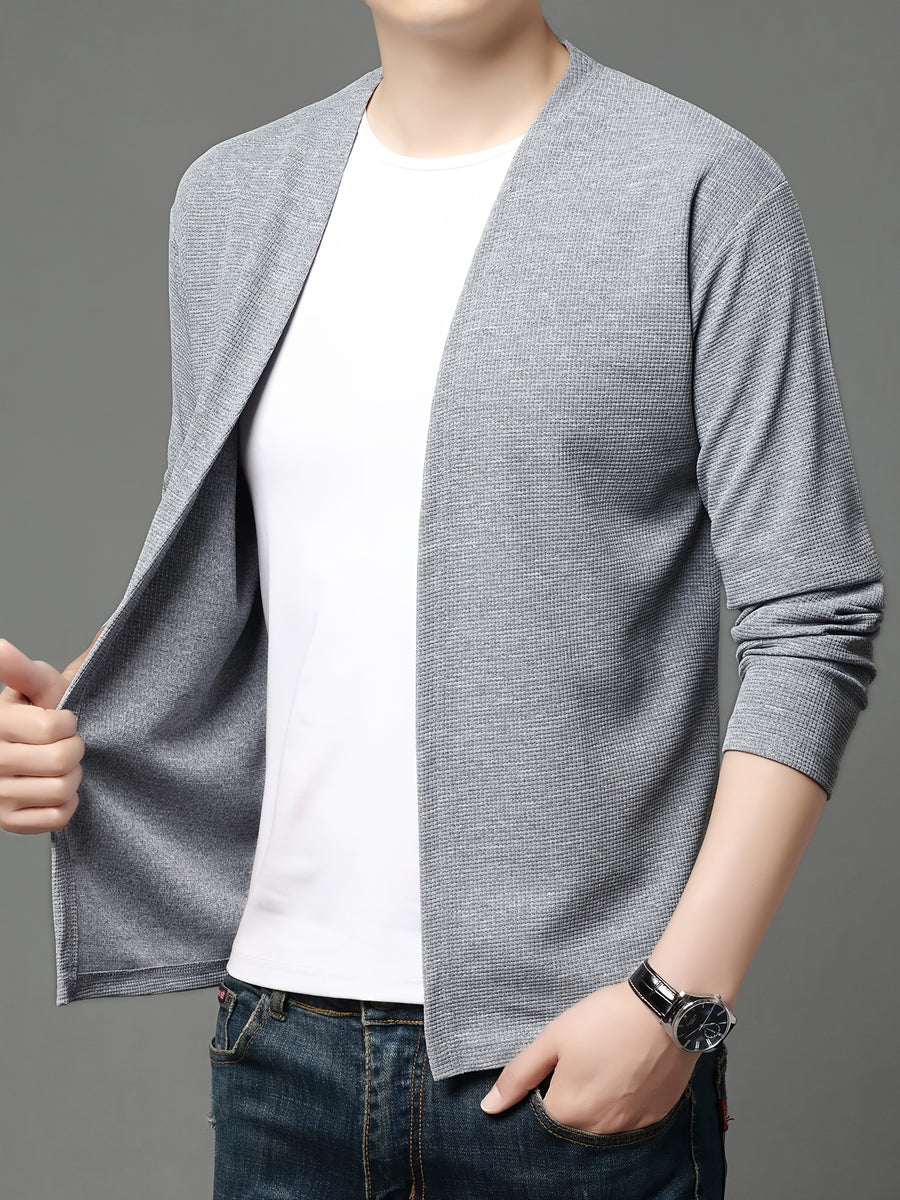 Popular Men's Waffle Knit V-Neck Cardigan, Spring/Autumn Business Casual Buttonless Outerwear, Breathable and Comfortable Knit Sweater, Slimming and Elegant Men's Outerwear, Solid Color Simple and Versatile Top, Soft, Skin-Friendly - Light Grey