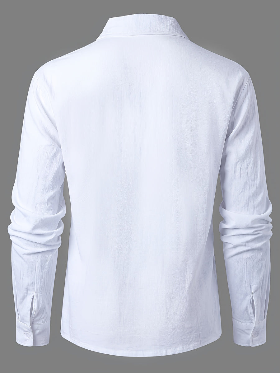 Men's Vintage Lace-Up Lapel Long-Sleeve Linen Shirt Casual Pullover Textured Shirt - White