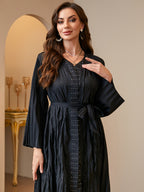 Women'S Modest Black Crinkled Pleated Abaya Open Front Long Cardigan with Belt Rhinestone Sparkle Dubai Saudi Arabia Kimono Duster Coat High Quality Pleated Robe Outerwear Banquet Evening Wear - Black