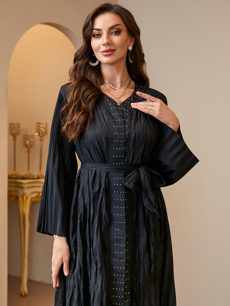 Women'S Modest Black Crinkled Pleated Abaya Open Front Long Cardigan with Belt Rhinestone Sparkle Dubai Saudi Arabia Kimono Duster Coat High Quality Pleated Robe Outerwear Banquet Evening Wear - Black