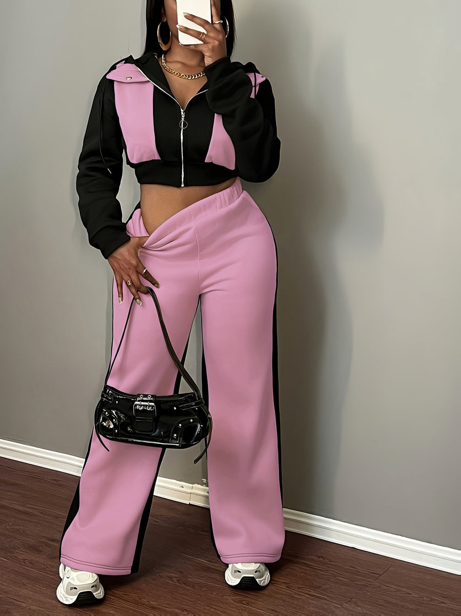 Autumn-Winter Fashion Color Block Hooded Sweatshirt and Pants Set - Black With Pink