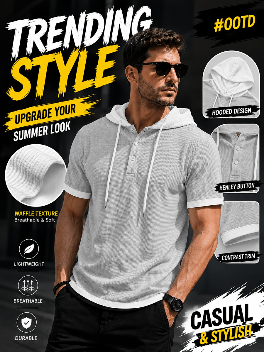 [Qiaoximei Obm] Summer Men'S High-Quality Waffle-Gore Hooded Short Sleeve T-Shirt - Individual Fashion Statement with Special Design Texture Fabric, Adjustable Drawstring And Buttons, Suitable for Gym Fitness Wear - Grey
