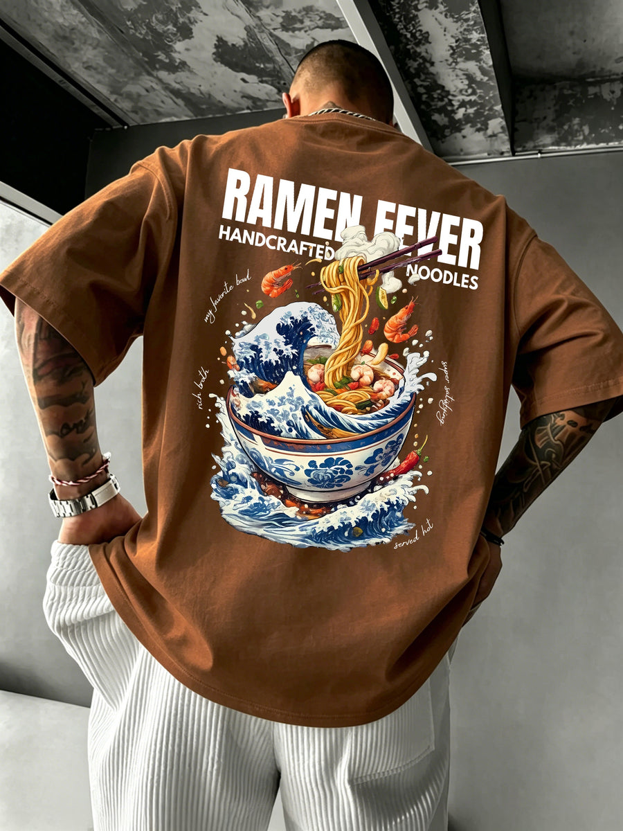Men's 100% Pure Cotton T-Shirt, Ramen Wave Print, Comfortable, Soft, and Breathable, for Spring/Summer Casual Daily Wear - Coffee Brown