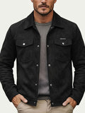 1pc Solid Color Men'S Utility Jacket, Lapel, Metal Button Flap Pockets Outerwear, Retro Casual Top, Suitable for Commuting, Street Outing - Black