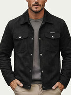 1pc Solid Color Men'S Utility Jacket, Lapel, Metal Button Flap Pockets Outerwear, Retro Casual Top, Suitable for Commuting, Street Outing - Black