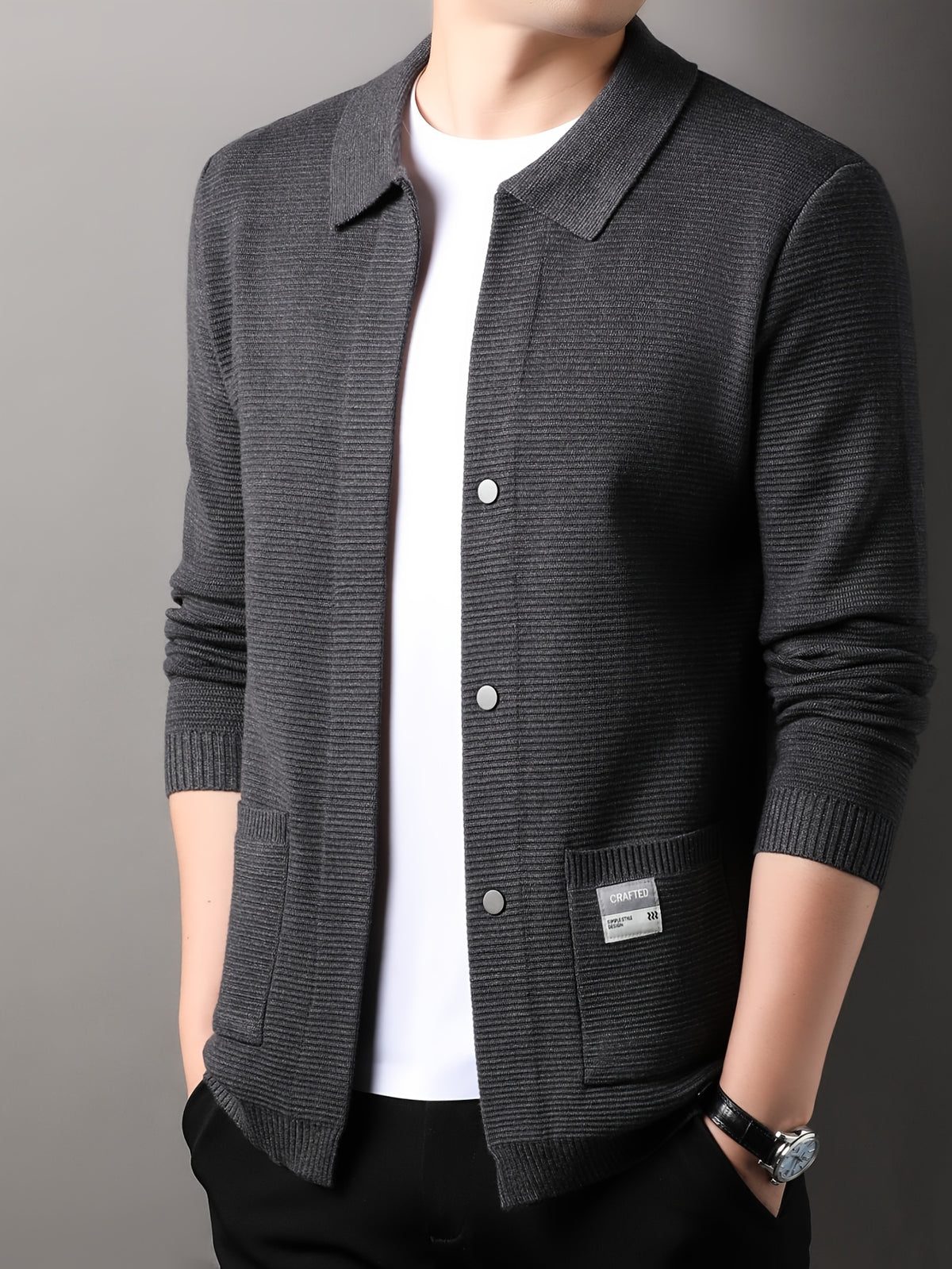 Men'S Autumn And Winter Cardigan with Long Sleeves, Casual Knitted Sweater with a Lapel - Grey