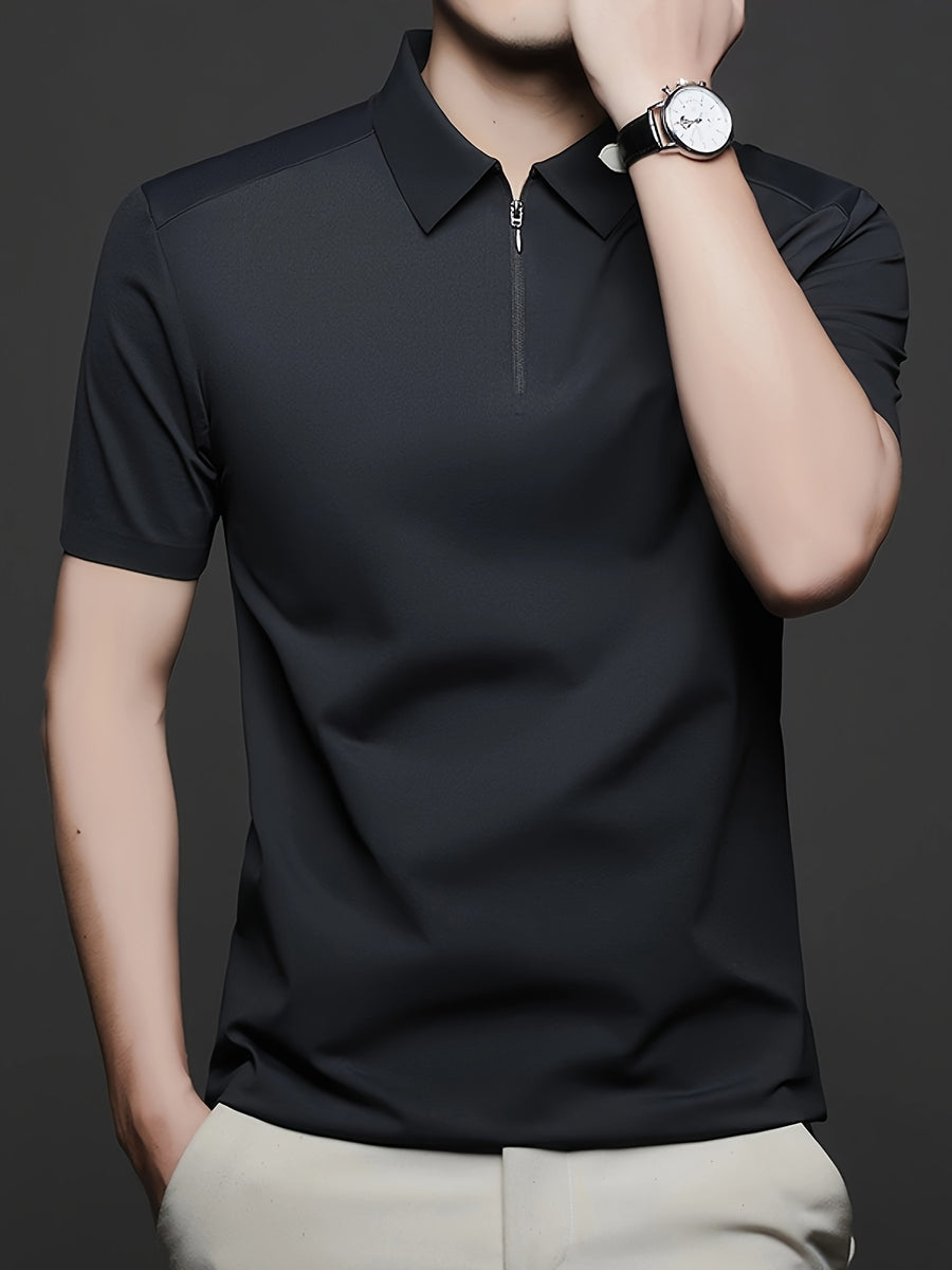 Men's Summer Lapel Polo Shirt, Fashionable and Versatile Light Luxury Zipper Top, Business Casual Breathable Short-Sleeve T-Shirt, Suitable for Daily Work Scenes - Black