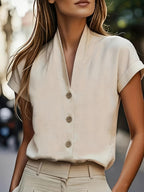 Spring and Summer Korean Style Easy V-Neck Ruffled Sleeve Shirt - Apricot