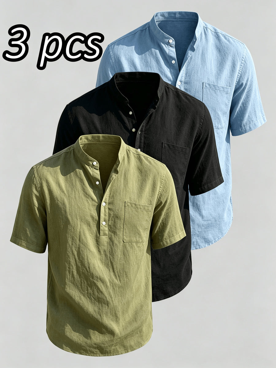 Men'S 3pcs Set of Stand-Collar Henley Short-Sleeve Shirts, Summer Thin Casual Button-Up Shirts, Chest Pocket Loose Breathable Solid-Color Short-Sleeve Tops - Green+Black+Blue