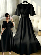 Women's Solid Color Elegant Dress, New Summer V-Neck A-Line Flowing Dress for Casual to Formal Wear, Machine Washable - Black