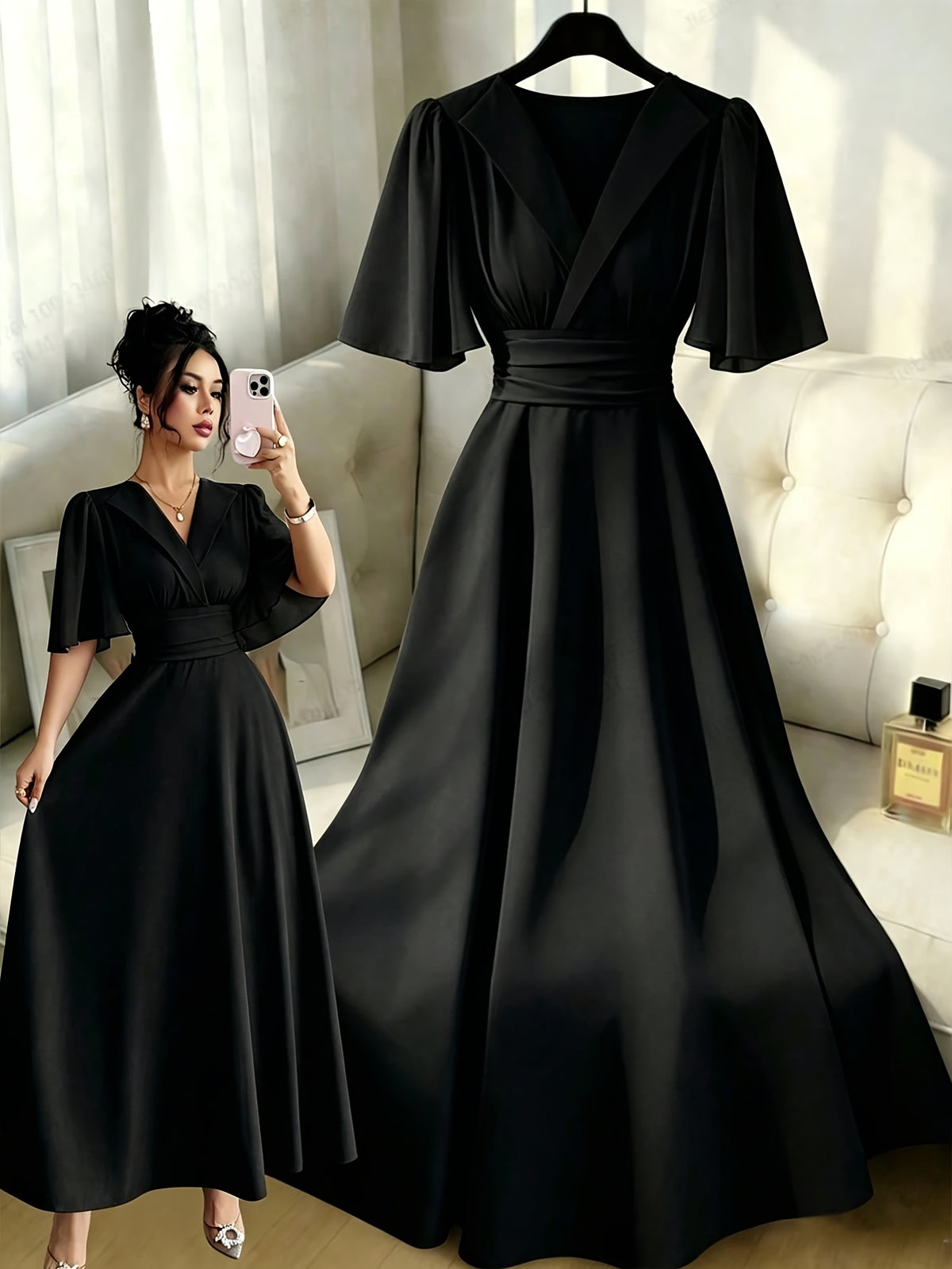 Women's Solid Color Elegant Dress, New Summer V-Neck A-Line Flowing Dress for Casual to Formal Wear, Machine Washable - Black