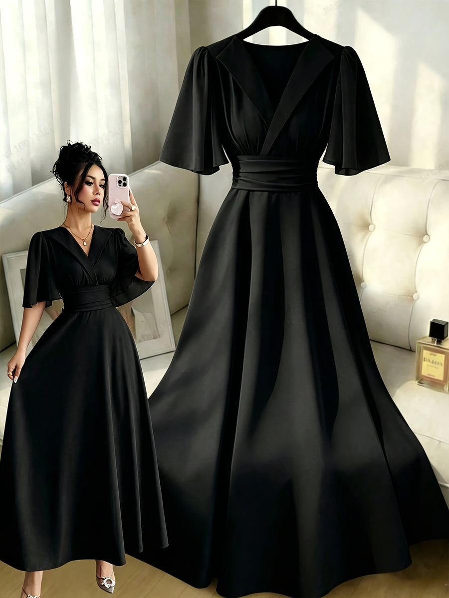 Women's Solid Color Elegant Dress, New Summer V-Neck A-Line Flowing Dress for Casual to Formal Wear, Machine Washable - Black