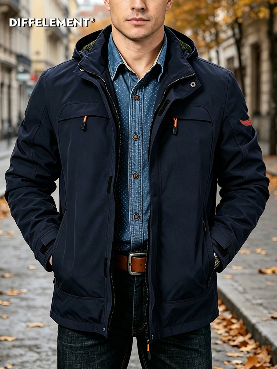 Men'S Drawstring Removable Hooded Utility Jacket, Wrinkle-Resistant Breathable Durable Woven Fabric, Fitted Short Length Spring Autumn City Commute Hiking Style, Autumn Street Outdoor Multi-Scene Wear, Orange Zipper Contrast Pocket - Dark Blue