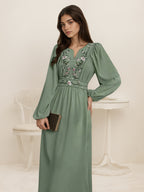 2025 New Women's Elegant Middle Eastern Muslim Dress - V-Neck Embroidered Long Sleeve Slim Fit Dress with Front Bow Tie, Machine Washable Solid Color Modest Abaya for Spring/Autumn Casual Wear, Modest Attire, Slim Fit Abaya, Sophisticated Texture, Autumn - Green