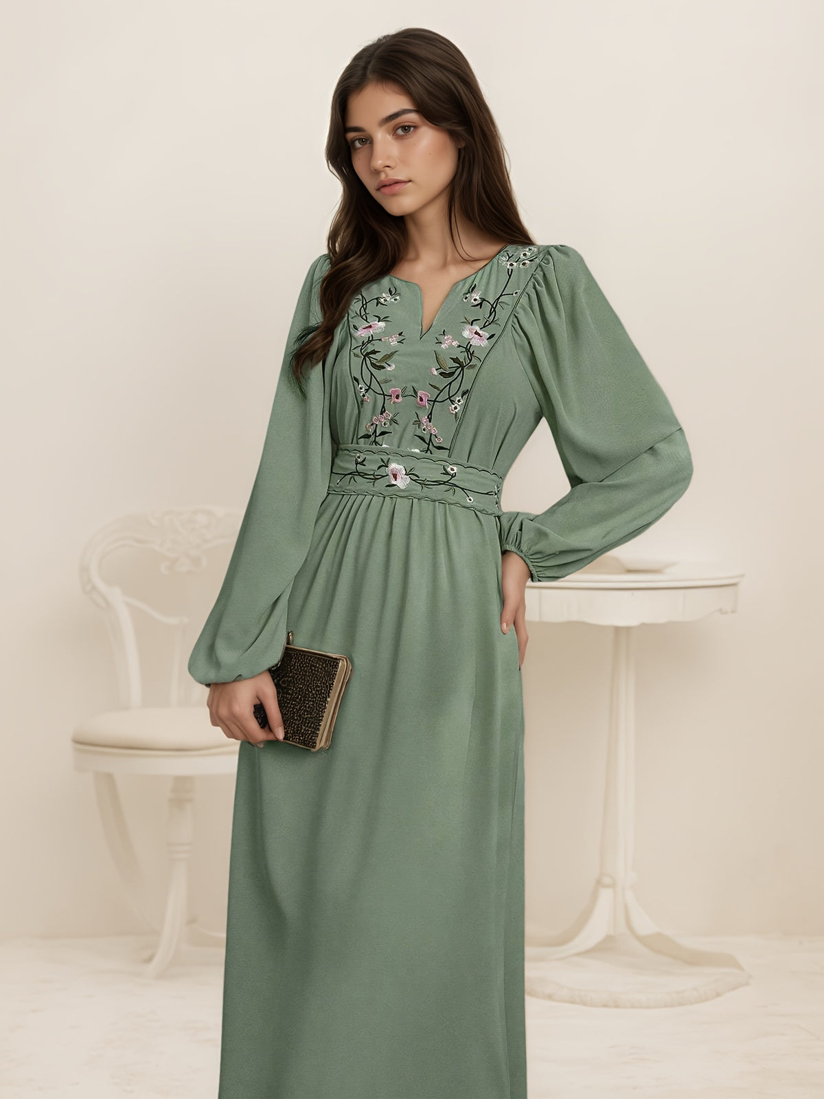 2025 New Women's Elegant Middle Eastern Muslim Dress - V-Neck Embroidered Long Sleeve Slim Fit Dress with Front Bow Tie, Machine Washable Solid Color Modest Abaya for Spring/Autumn Casual Wear, Modest Attire, Slim Fit Abaya, Sophisticated Texture, Autumn - Green