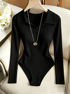 Women'S Tight Top Solid Lapel Temperament Elegant Tight Top Long Sleeve Base Layer ASD1 - Black