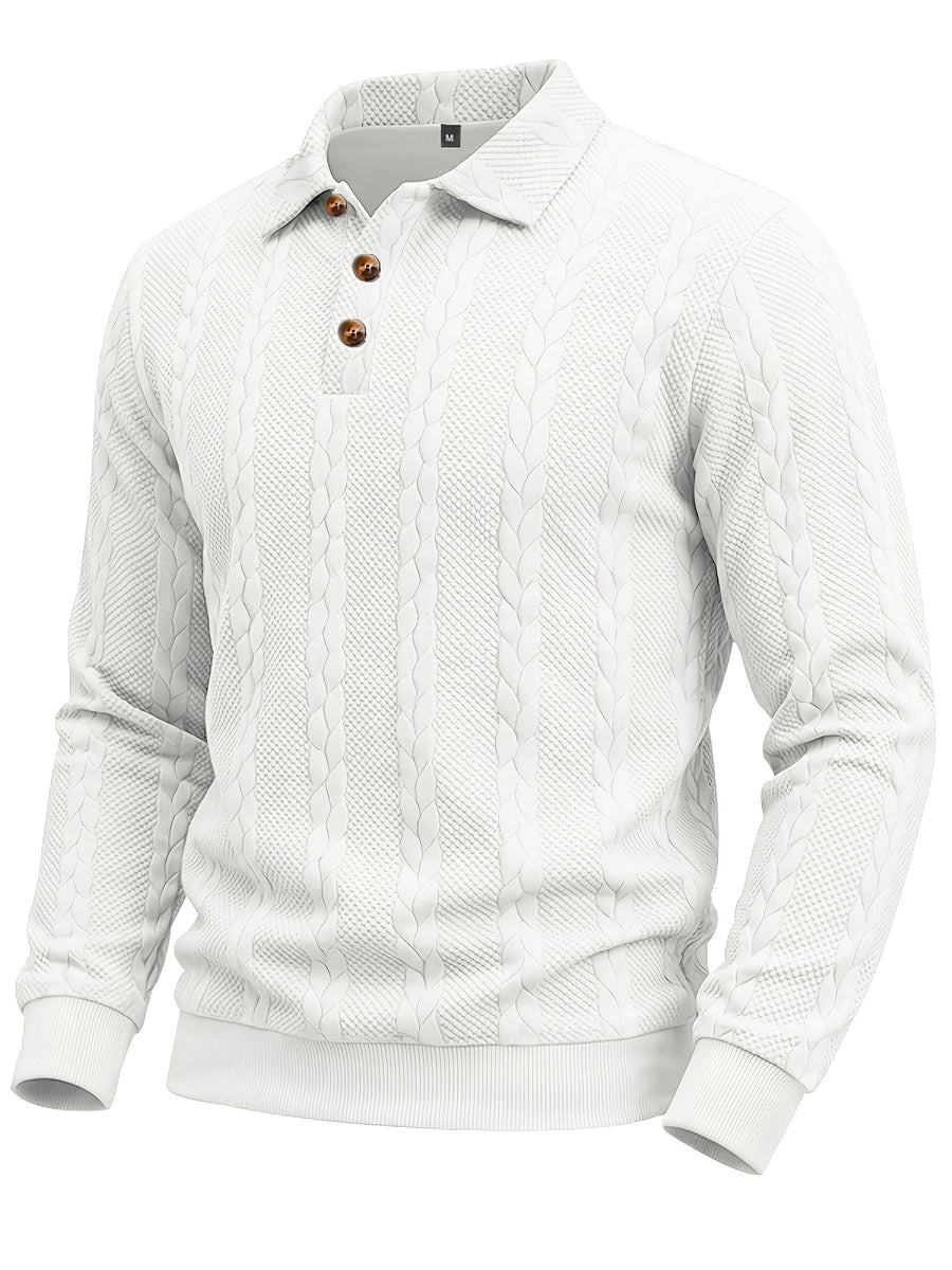 1pc Men's Striped Jacquard Long-Sleeve Polo Shirt, Autumn/Winter Textured Vintage Style Outdoor Casual Henley Top - White