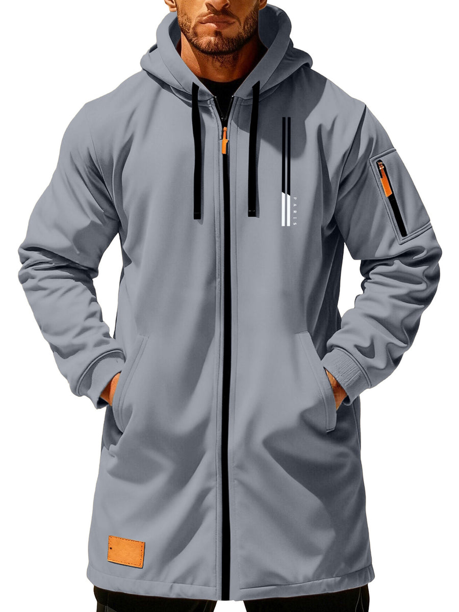 Men'S Casual Hooded Long Jacket PARIS Striped Logo Print Side Seam Zipper Detail Leather Decorative Label Drawstring Hat Collar Loose Daily Windproof Coat, Autumn Essentials - Grey