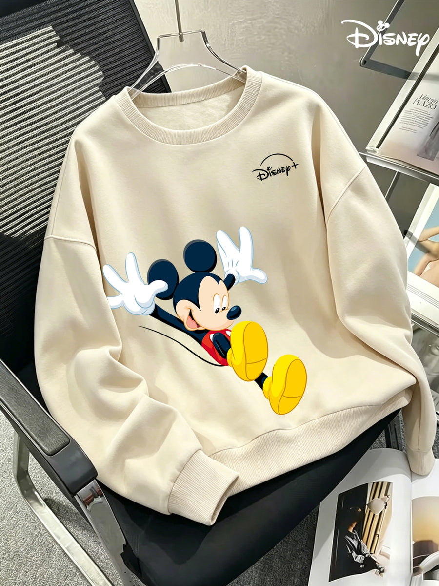 Men'S Round Neck Sweatshirt, Casual Versatile Autumn Winter Clothing, Mickey Mouse Cartoon Character Classic Pose Happy Expression Print Fashion Easy Long Sleeve Top, Design Men'S Casual Sweatshirt, Suitable for Daily Wear, Casual Athletic Wear - Apricot