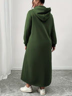 Plus Size - Women'S Autumn And Winter New Style Plus Velvet Thickened Sweatshirt Dress, Women'S Over-The-Knee Long Loose Hooded Dress - Green