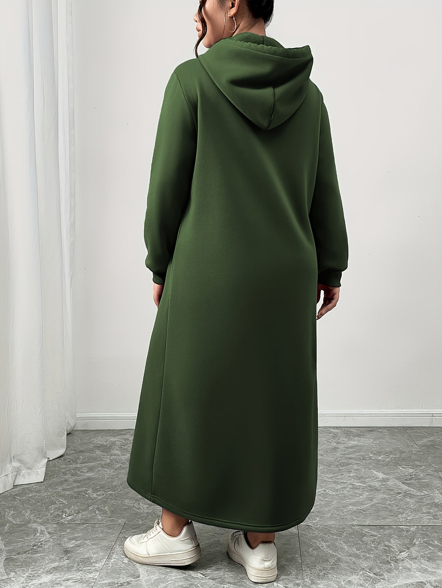 Plus Size - Women'S Autumn And Winter New Style Plus Velvet Thickened Sweatshirt Dress, Women'S Over-The-Knee Long Loose Hooded Dress - Green
