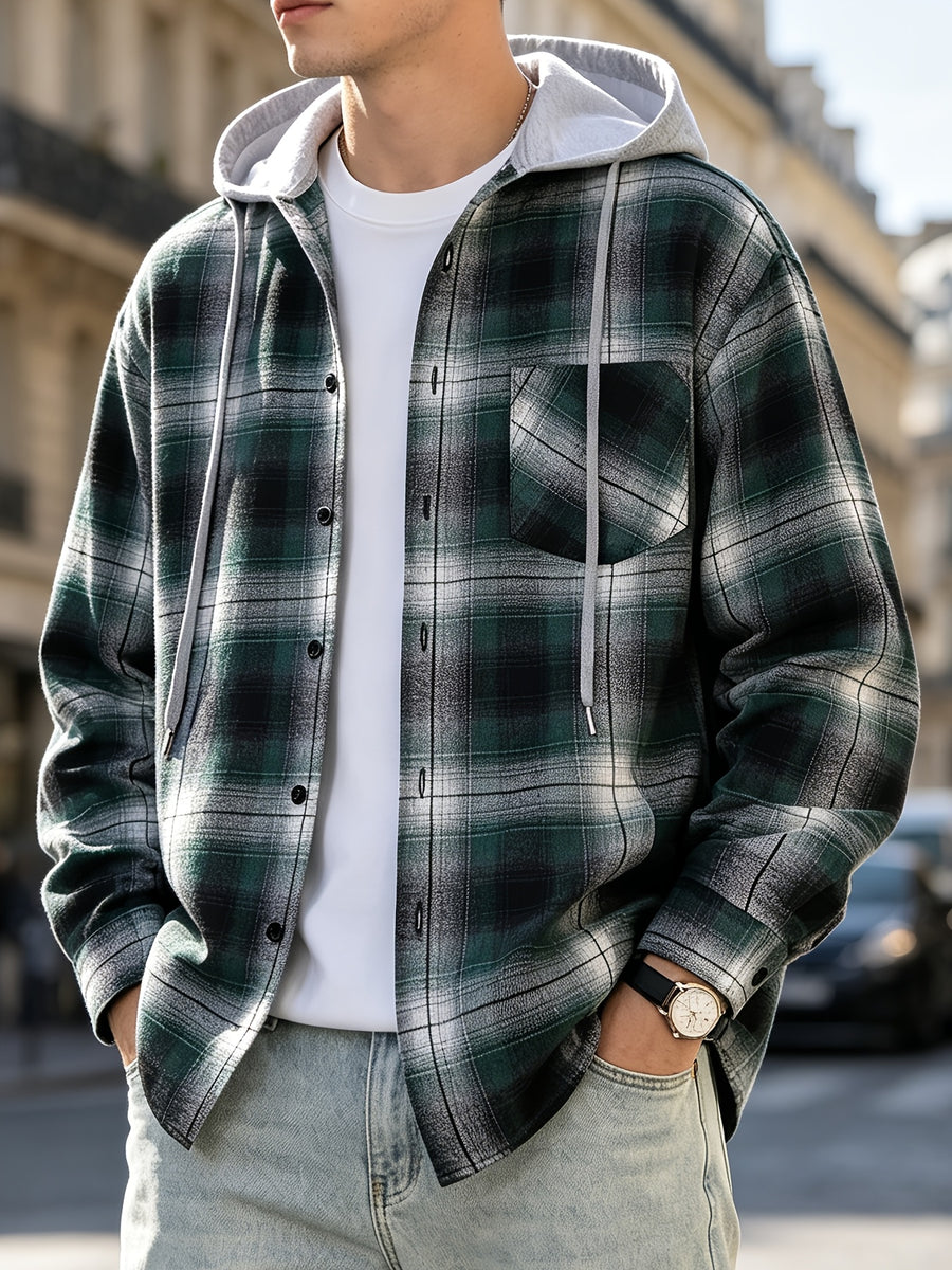 Men'S Hooded Plaid Shirt Jacket, Classic Color-Block Checkered Design, Layered And Practical, Loose Drop Shoulder Fit, Easy And Elegant Chest Pocket Detail, Suitable for Spring/Autumn Daily Commute, Casual Outings, And Dates - Green Grid