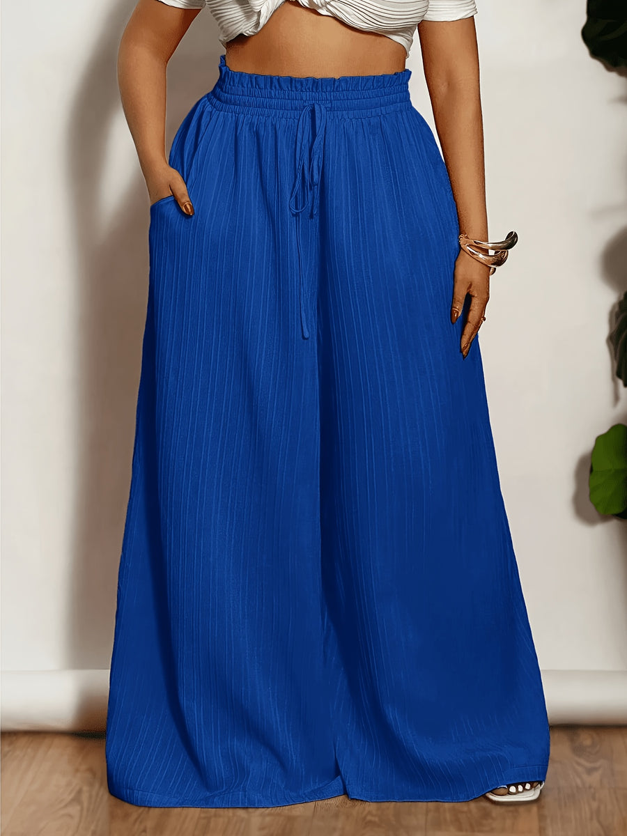 Plus Size, Plus-size Women's Casual Wide-leg Flared Pants with Pocket and Drawstring Design - Blue