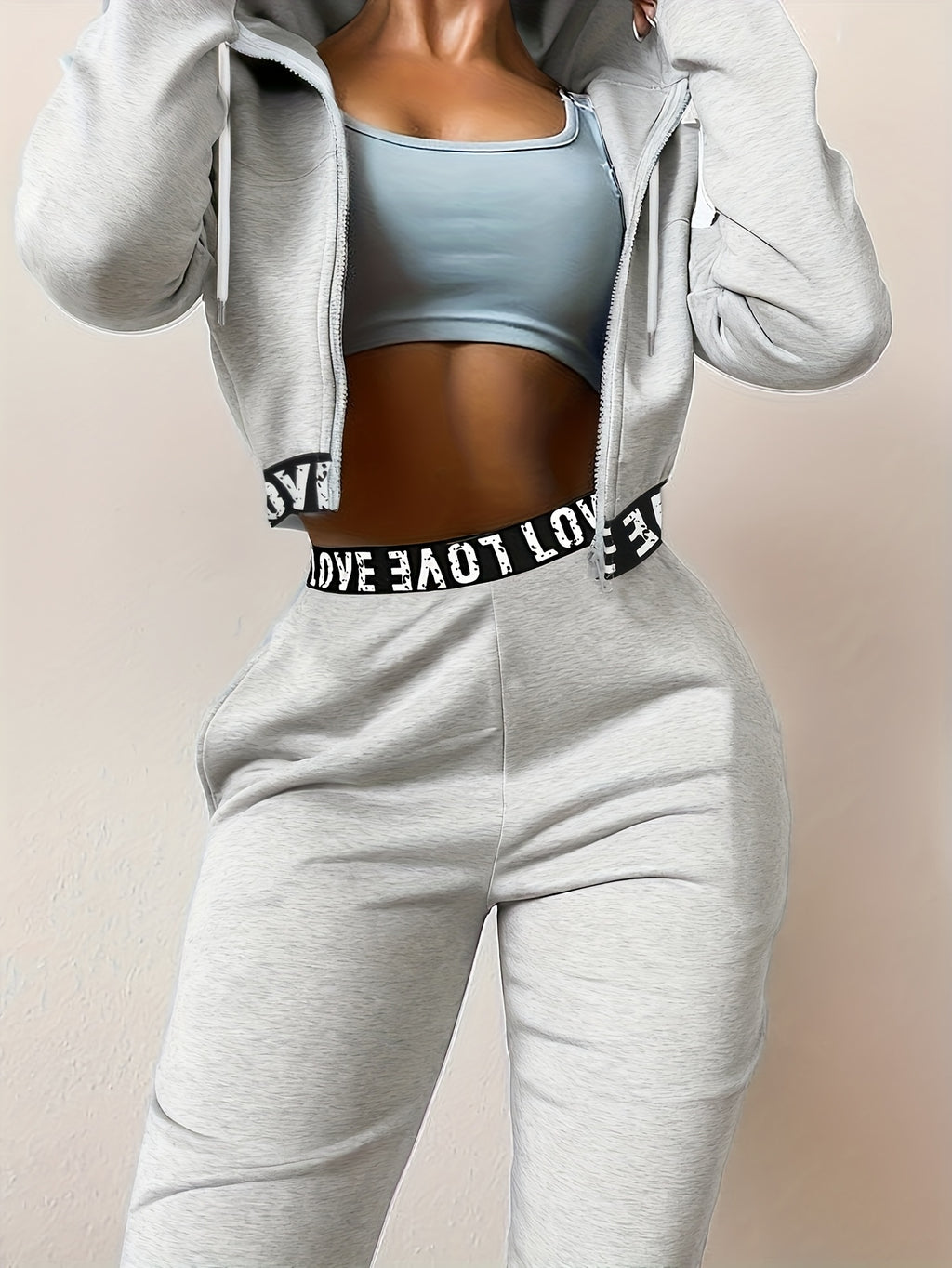 Women's 2pcs Set, Zipper and Hood Autumn/Winter Casual Women's Jacket + Pants, Regular Clothing, Daily Wear, Fashion Apparel, Stylish Swear, Soft Fabric, Comfortable Clothing, Matching Series, Women's Swear, Women's Collection - Granny Gray
