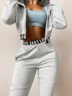 Women's 2pcs Set, Zipper and Hood Autumn/Winter Casual Women's Jacket + Pants, Regular Clothing, Daily Wear, Fashion Apparel, Stylish Swear, Soft Fabric, Comfortable Clothing, Matching Series, Women's Swear, Women's Collection - Granny Gray