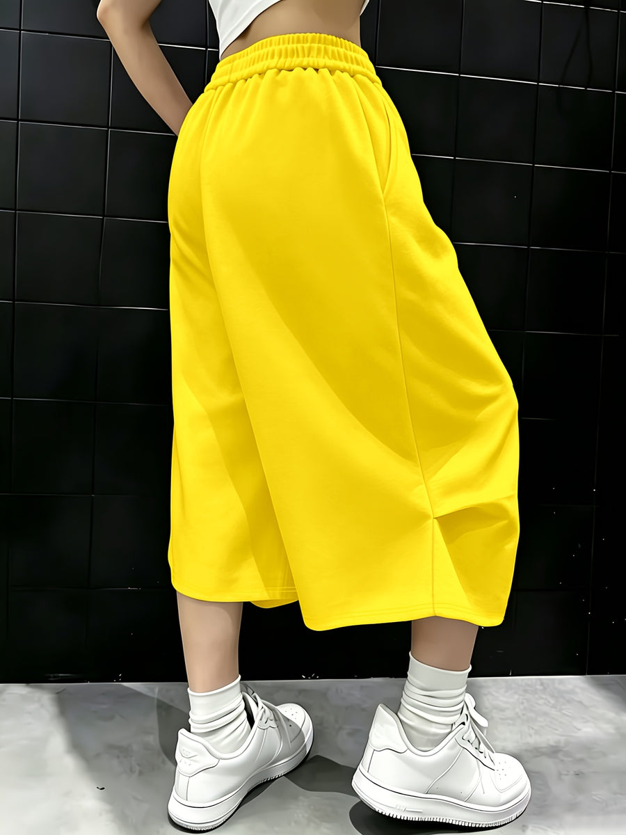 American Street Style Summer Yellow Women'S Multi-Pocket Design Elastic High-Waist Loose Wide-Leg Casual Cargo Capri Pants, Women'S Casual Sweatshirt Shorts Y2K - orange yellow