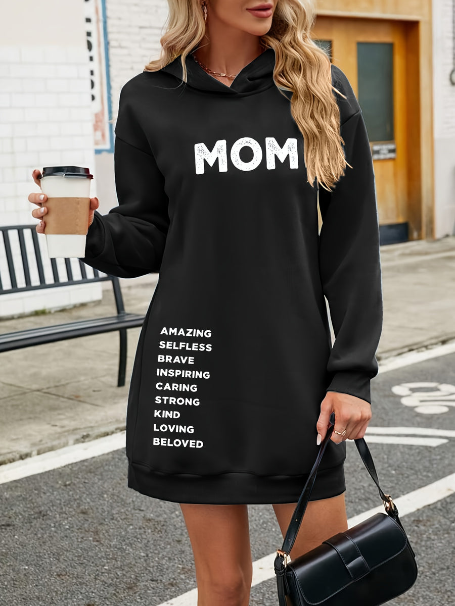 Women's Fashion Y Letter Print Hooded Sweatshirt Dress, Autumn/Winter High-End Stylish Streetwear Youthful -Lined Color-Block Hooded Sweatshirt, Casual Versatile Hoodie, Outerwear, Pullover, Long Sweatshirt, Elegant - Black