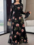 Women's Elegant A-Line Dress with Double Bell Sleeves & Square Neck - Full-Body Flower Print Wedding Guest Dress, Year-Round Formal Party Attire, Machine Washable (High Elasticity A-Line cut) - Mixed Color