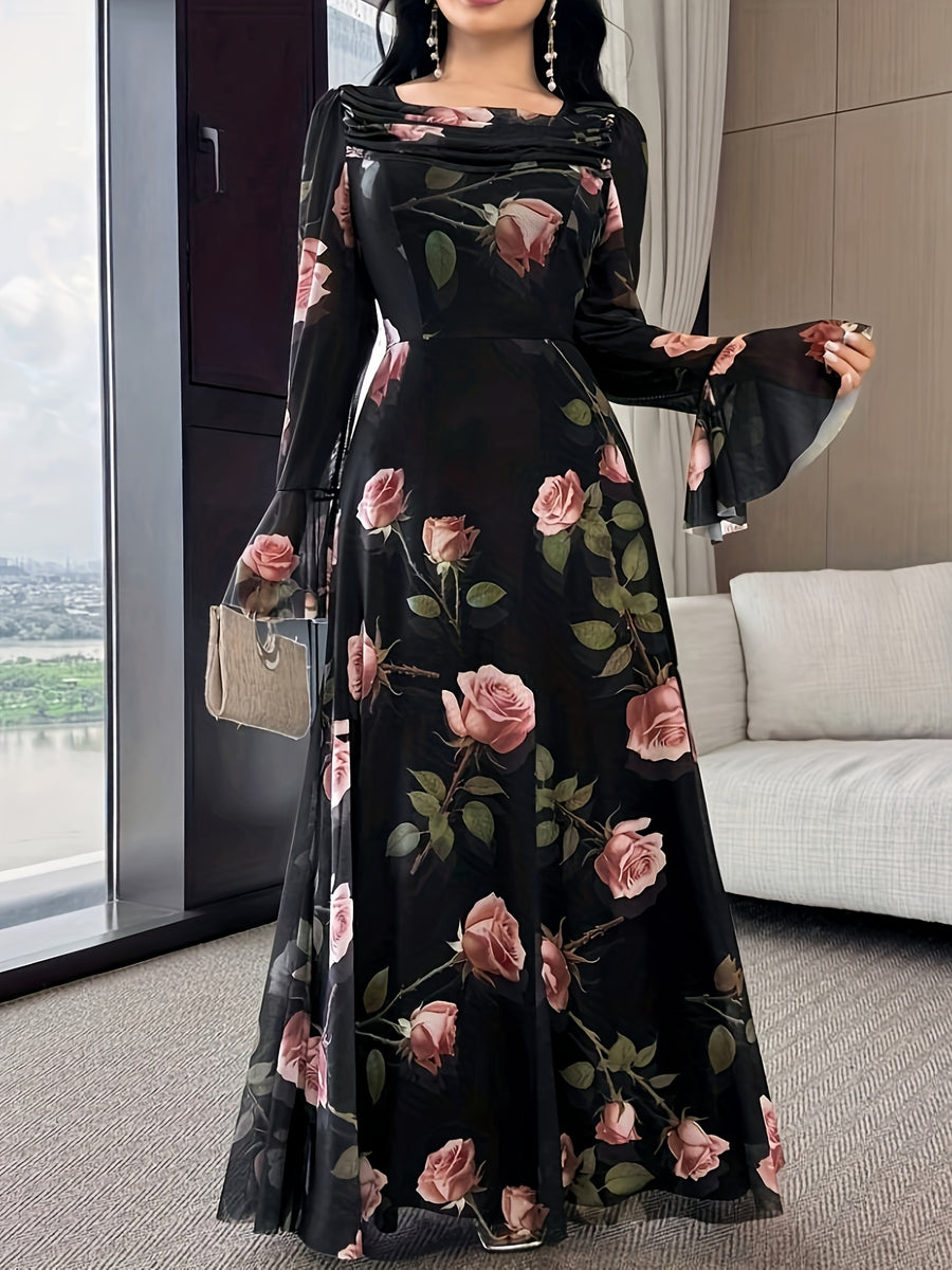 Women's Elegant A-Line Dress with Double Bell Sleeves & Square Neck - Full-Body Flower Print Wedding Guest Dress, Year-Round Formal Party Attire, Machine Washable (High Elasticity A-Line cut) - Mixed Color