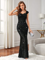 Women'S Elegant Sexy Evening Dress, Sparkling Sequined Long Dress, Suitable for Fashionable Parties, Banquets, And Gatherings - Black