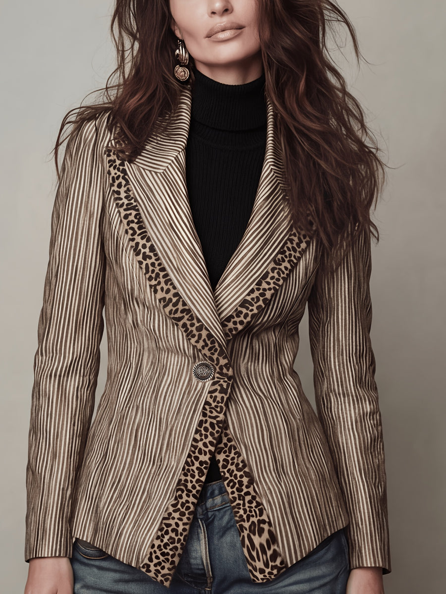 2026 Autumn New Style, Commuter Elegant Style, Striped Printed Leopard Pattern Lapel Patchwork Design Single Button with Lining, Long Sleeve Waist-Cinching Suit Jacket, Suitable for Casual Commute Outerwear - Milk Coffee