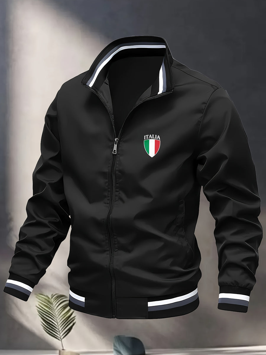 Men's Italian Shield Logo Baseball Jacket - High Collar Winter Warm Zipper Outerwear, Italian Shield Emblem & Ribbed Stripes, Machine Washable Fall/Winter Jacket for Casual & Wear - Black 0